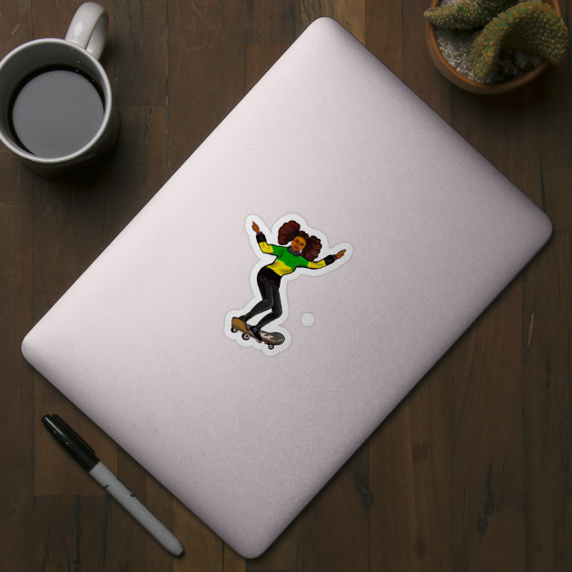 Jamaica jumper skateboarding- manga anime Jamaican girl on a skateboard wearing jumper with the  colours of Jamaican flag in black green and yellow by Artonmytee